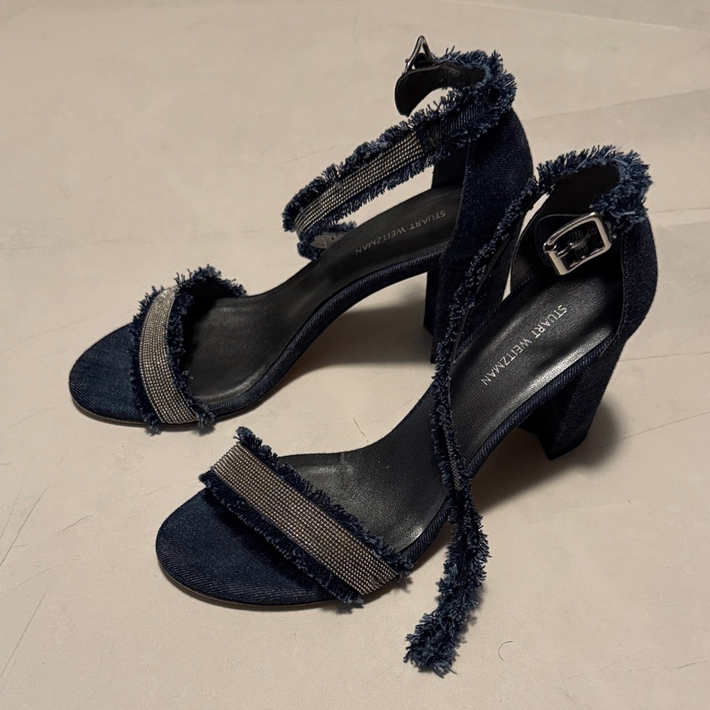 Stuart Weitzman Denim Blue Frayed Heels